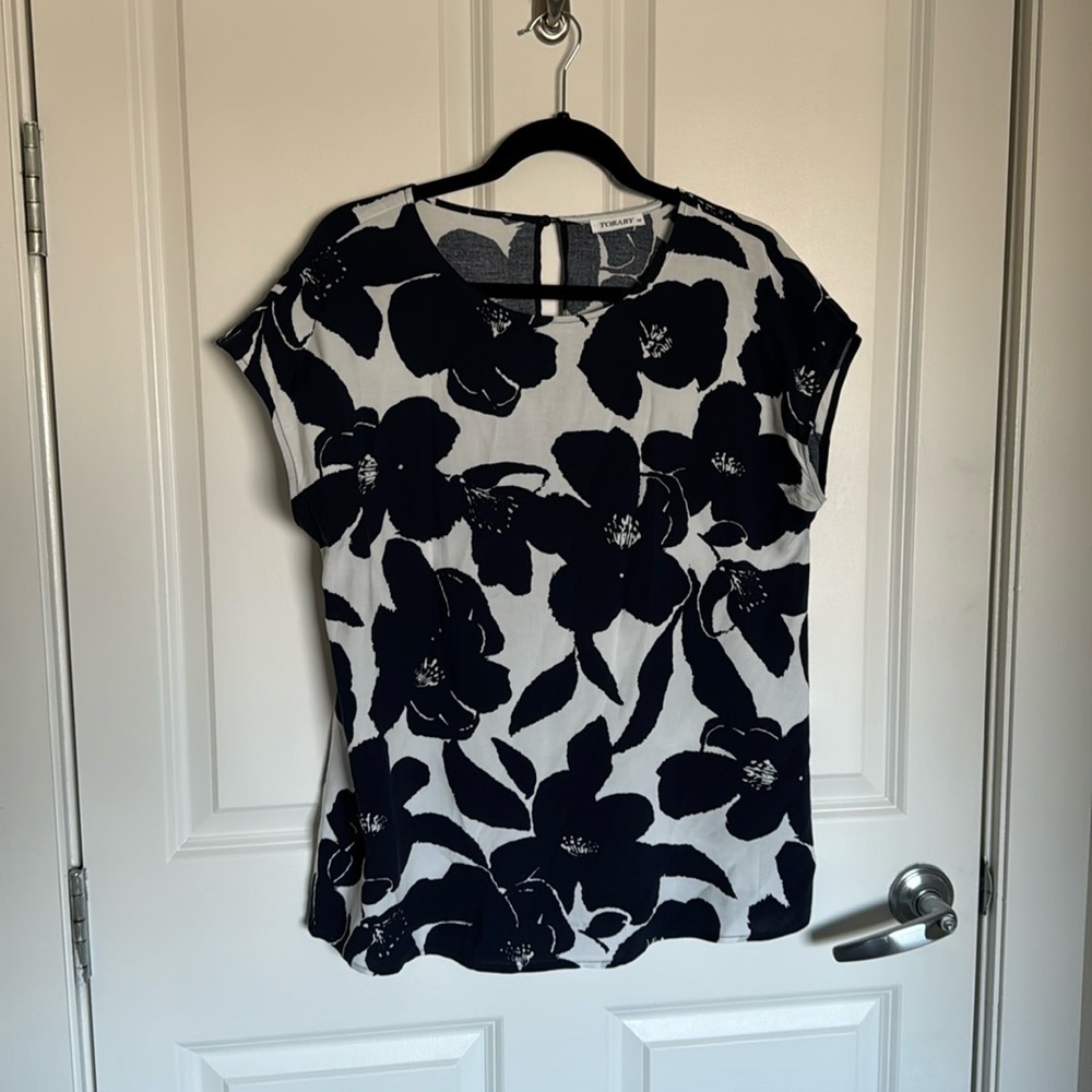 Navy blue and white floral, detailed blouse size medium